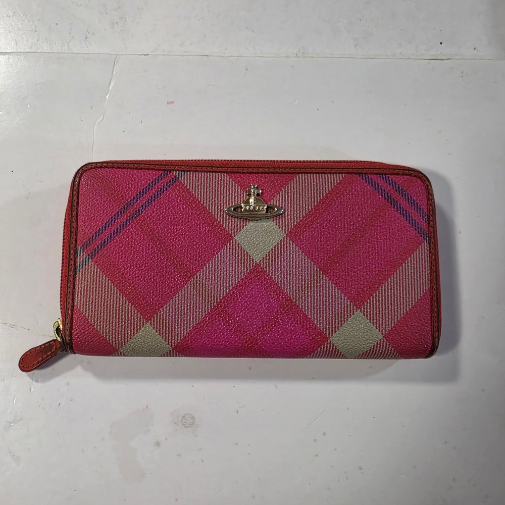Vivienne Westwood Vtg Pink Tartan Plaid Zip Around Continental Wallet Authentic